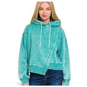 ZENANA OUTFITTERS Asymmetric Haven Hoodie in Teal in Medium Like New